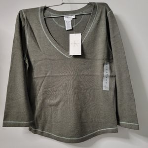 New Calvin Klein 100% Cotton Gray Green Olive V-Neck Blouse Top Shirt Sz M